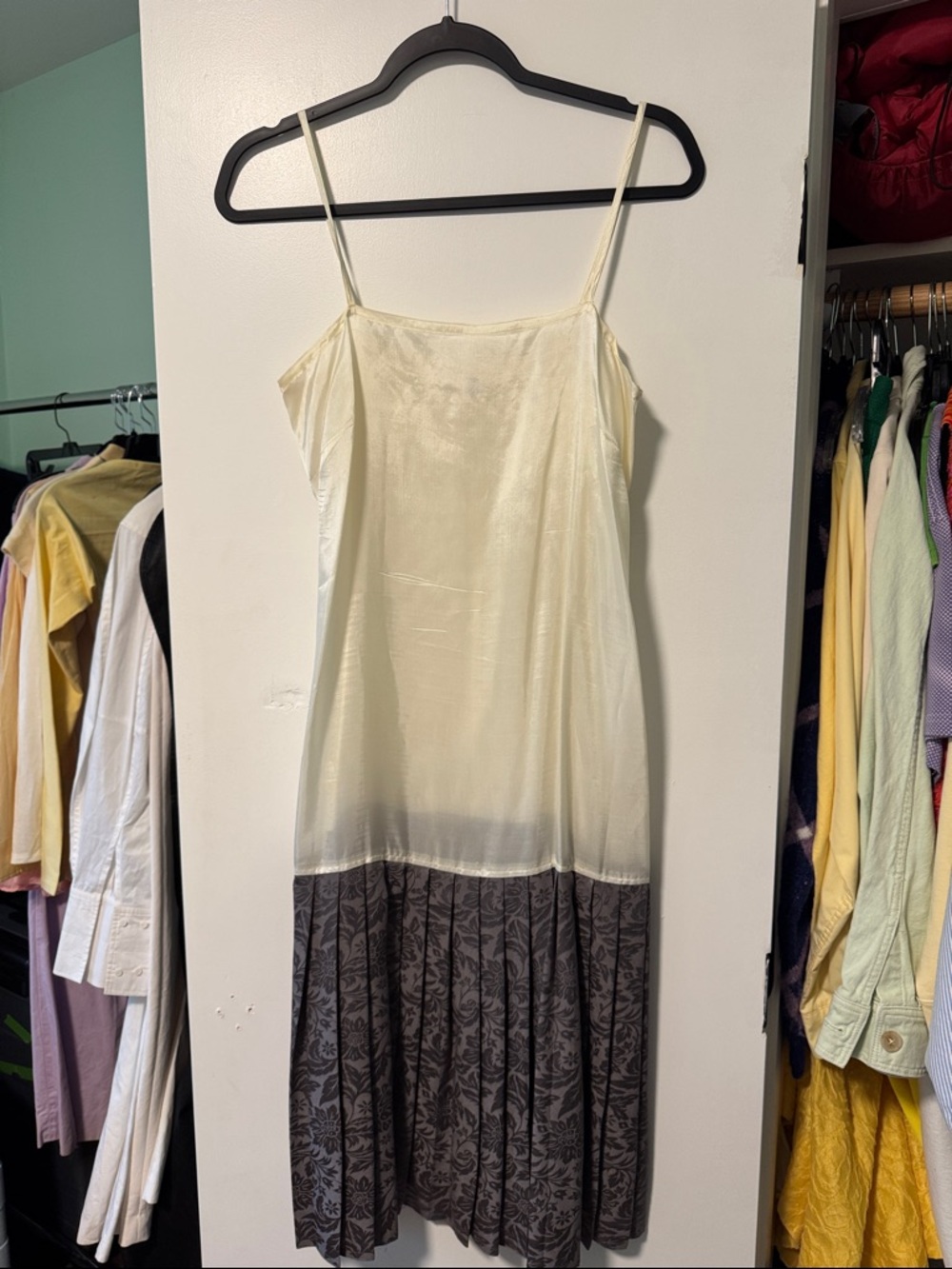 100% silk Cream and Charcoal Two-Tone Slip Dress with Pleated Skirt